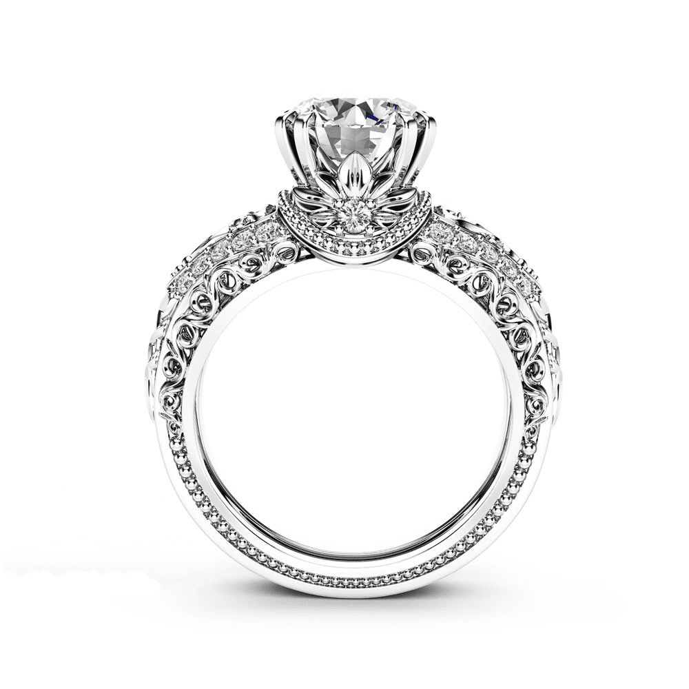 HeartsAndYou 2ct Round Cut Moissanite Engagement Ring for Women 18k White Gold over Silver Filigree Vintage Inspired