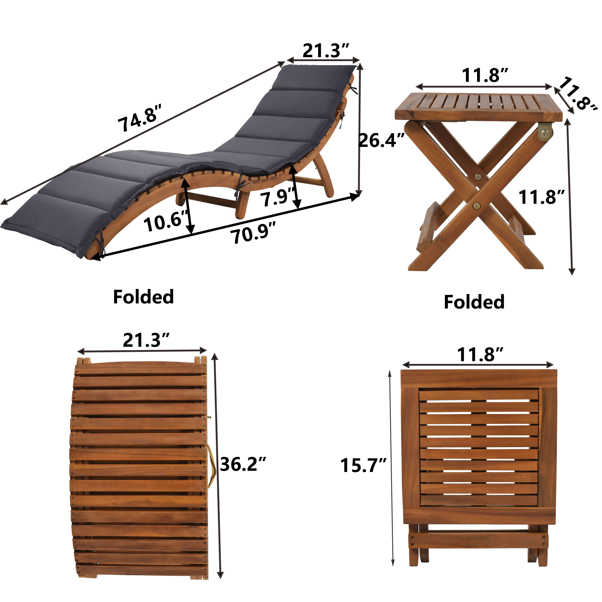 ENYOPRO Patio Lounge Chairs Set of 3, Outdoor Wood Portable Chaise Lounge Chairs with Foldable Tea Table and Cushions, Fit for Pool Porch Backyard Patio, Brown Finish + Dark Gray Cushion, K2702 - image 4 of 8