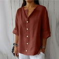 thumbnail image 3 of Womens 3/4 Sleeve Summer Tops, Comdrip Linen Shirts for Women Summer Cotton Linen V Neck 3/4 Sleeve Tops Loose Vacation Beach Solid Blouses Tunic Tops Linen Blouses for Women Coffee XL, 3 of 5