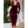 thumbnail image 5 of Womens Plus Size Long Sleeve Velvet Bodycon Dresses Elegant Ruched Wrap Deep V Neck Party Cocktail Dress Red XL, 5 of 9