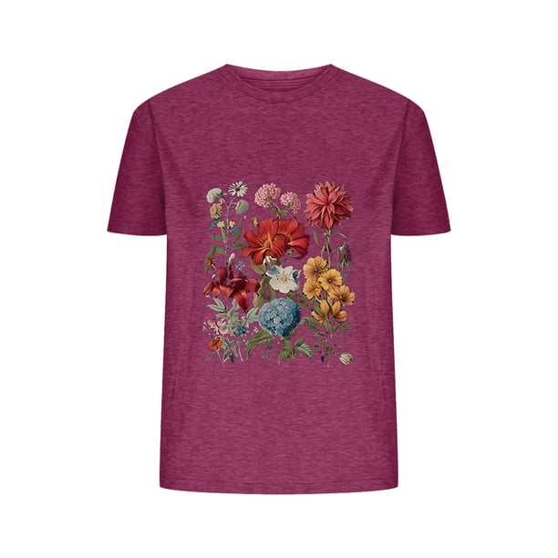 Blusas de Verano de las Mujeres Flor Impresa Cuello Redondo Manga Corta Superior, Verano Superior de las Mujeres