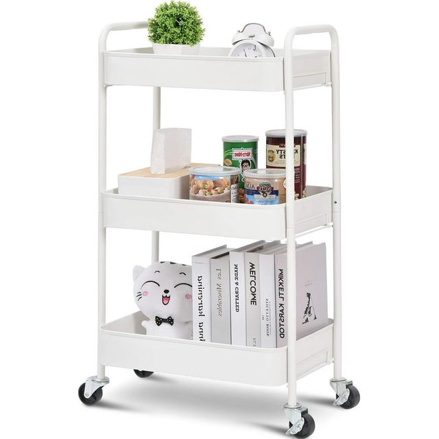 KK KINGRACK Chariot Roulant, Chariot Utilitaire en Métal à 3 Niveaux avec 4 Roues, 2 Freins, Blanc