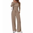 thumbnail image 5 of Women'S 2 Piece Matching Lounge Set Long Sleeve Slightly Crop Top Wide Leg Pants Casual Sweatsuit Khaki S, 5 of 9