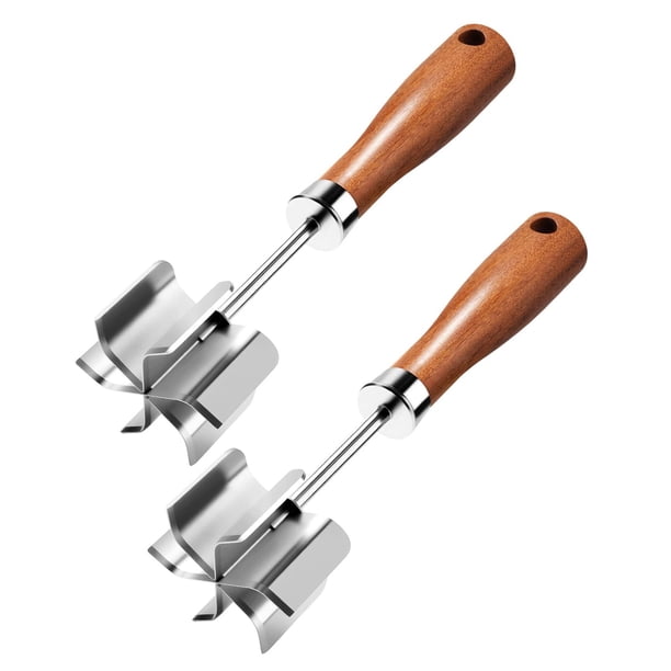 Picadora de carne de acero inoxidable con 6 cuchillas afiladas, mango de madera, machacador de carne molida para hamburguesas, patatas y verduras, herramienta de cocina fácil de limpiar.