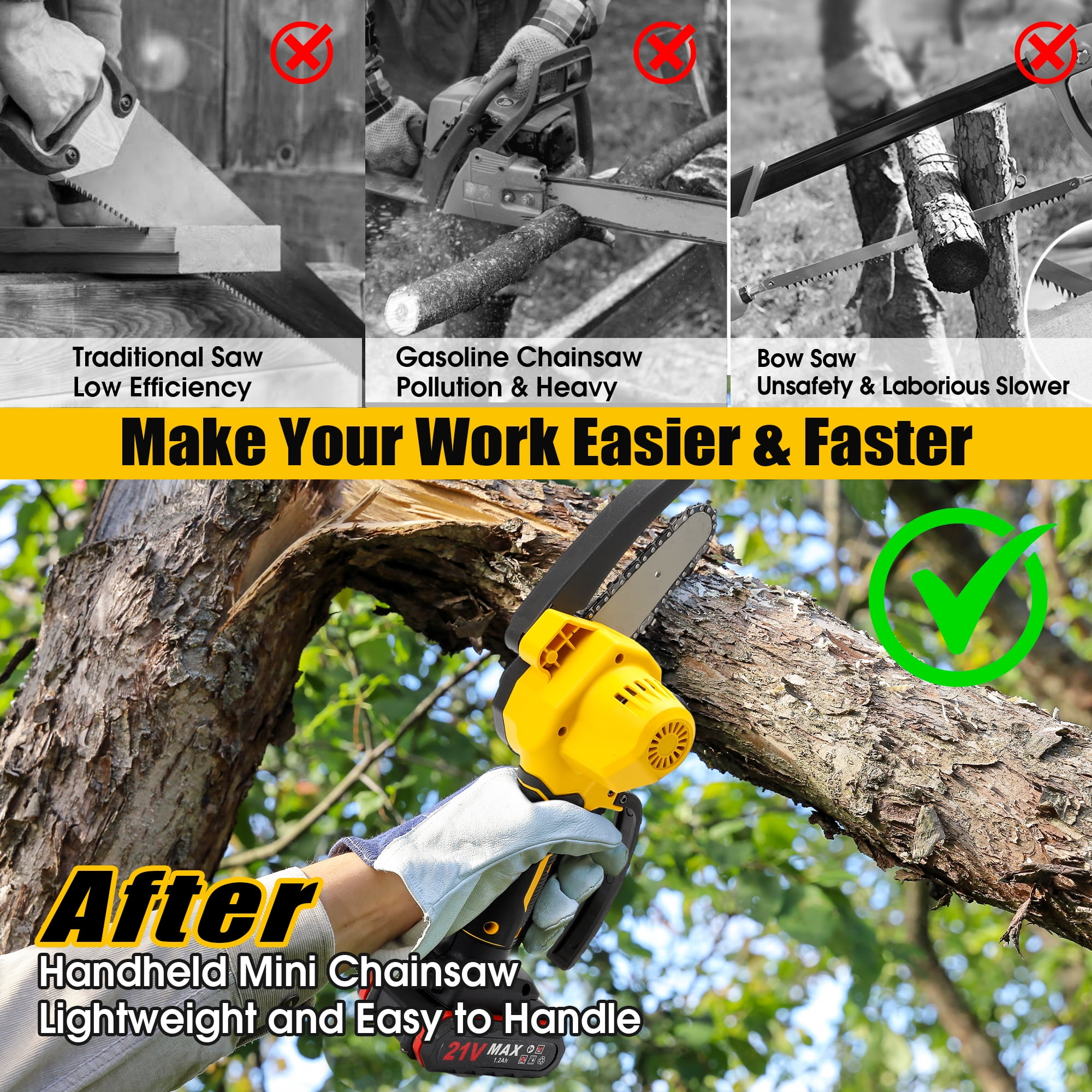 4 inch Mini Chainsaw with 2 Battery, Portable Cordless Lightweight Handled Chain Saws for Wood Cutting Tree Trimming - Black