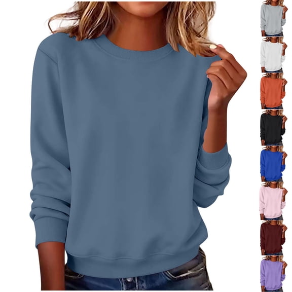 Meichang Crew Neck Sweatshirts Women Long Sleeve Fall Pullover Tops Solid Plain Loose Fit Hoodless Sweatshirt White L