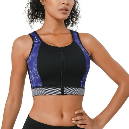 

Junlan Sports Support Bra with Front-Zipper for Women High Impact Workout Full Cup Top Vest Wirefree Fitness(Blue XL)