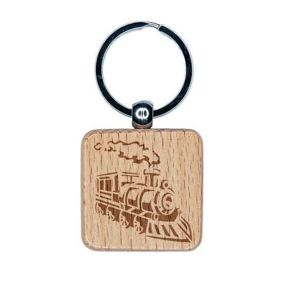 Train Steam Engine Locomotive Transportation Vehicle Square Keychain Charm Tag - Engraved Wood