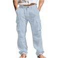 thumbnail image 3 of Horkkom Linen Pants Men Elastic Waist Button Zipper Pants Summer Breathable Loose Casual Pants with Pockets M, 3 of 10