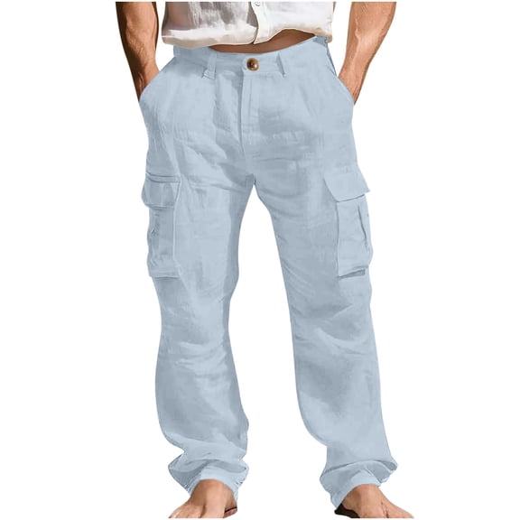 Purcolt Mens Cotton Linen Cargo Pants Summer Casual Straight Leg Beach Pants Lightweight Loose Fit Cargo Trouser with Multi Pockets for Hiking Vacation Travel