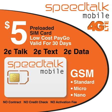 SpeedTalk Mobile T-Mobile Compatible Preloaded $5 Standard Micro and Nano Prepaid SIM