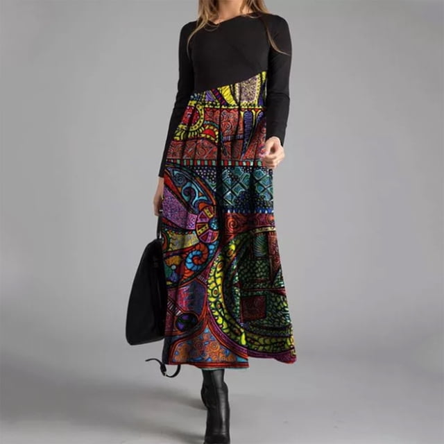 Mikilon Femmes Automne et Hiver Décontracté Ajusté à Manches Longues Longue Robe Imprimée Bohème, Robes D'automne pour Femmes