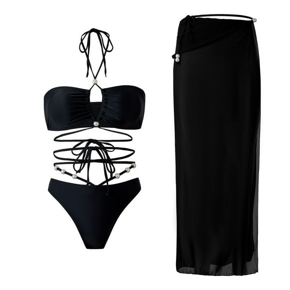TSADFHJI Swimsuit Women Shorts Women's Solid Color Sexy Swimsuit with Mesh Skirt Two Piece Set S Black