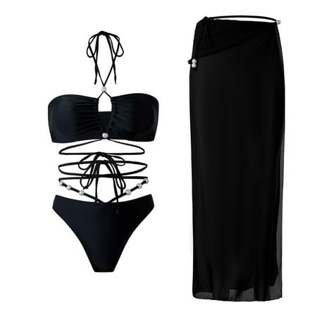 JIANJIA Womens Swimsuits Solid Color Lace Up Halter Bandage Swimming Bra And Panty Set With Cover Up Wrap Maxi Skirt Retro Three Piece Tankinis Swimwears Bathing Suits Black L