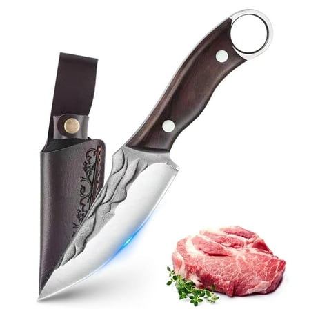 4.5 inch High Carbon Stainless Steel Butcher Knife with Leather Sheath Forged Boning Knife Full Tang Kitchen Knife for BBQ Camping and Outdoor