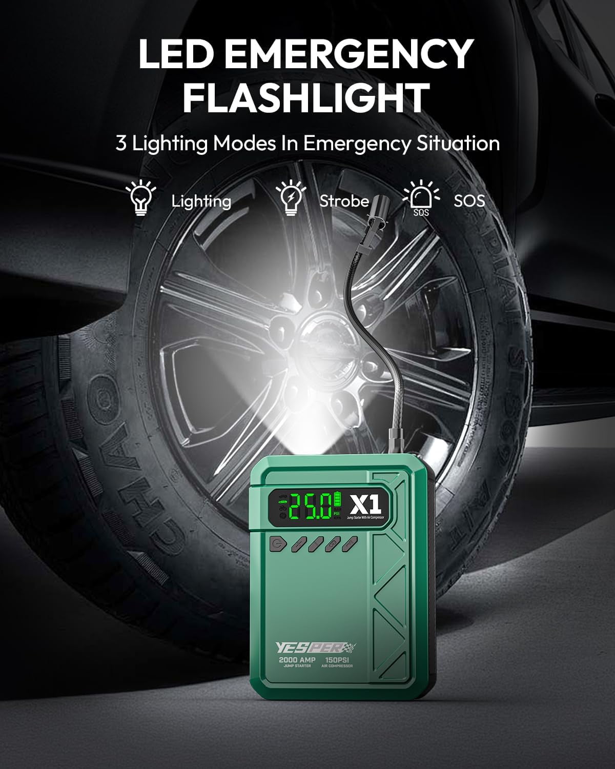 YESPER Jump Starter with Air Compressor, 2000A Portable Car Battery Booster (8L Gas/6L Diesel) with 150PSI Cordless Digital Tire Inflator, 12V Lithium Jump Box with Jumper Cables