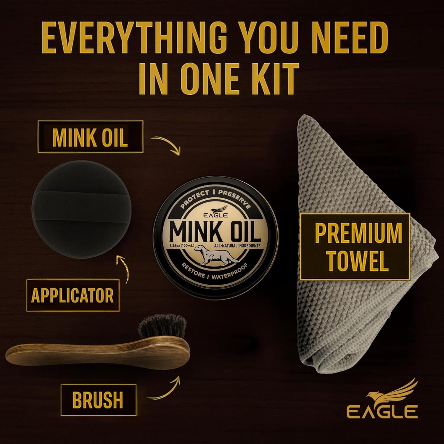 4-in-1 Mink Oil Leather Conditioner Kit – 3.52oz Waterproof Paste with Horsehair Brush, Sponge & Microfiber Cloth – Leather Cleaner & Protector for Boots, Shoes, Jackets, Saddles & Bags