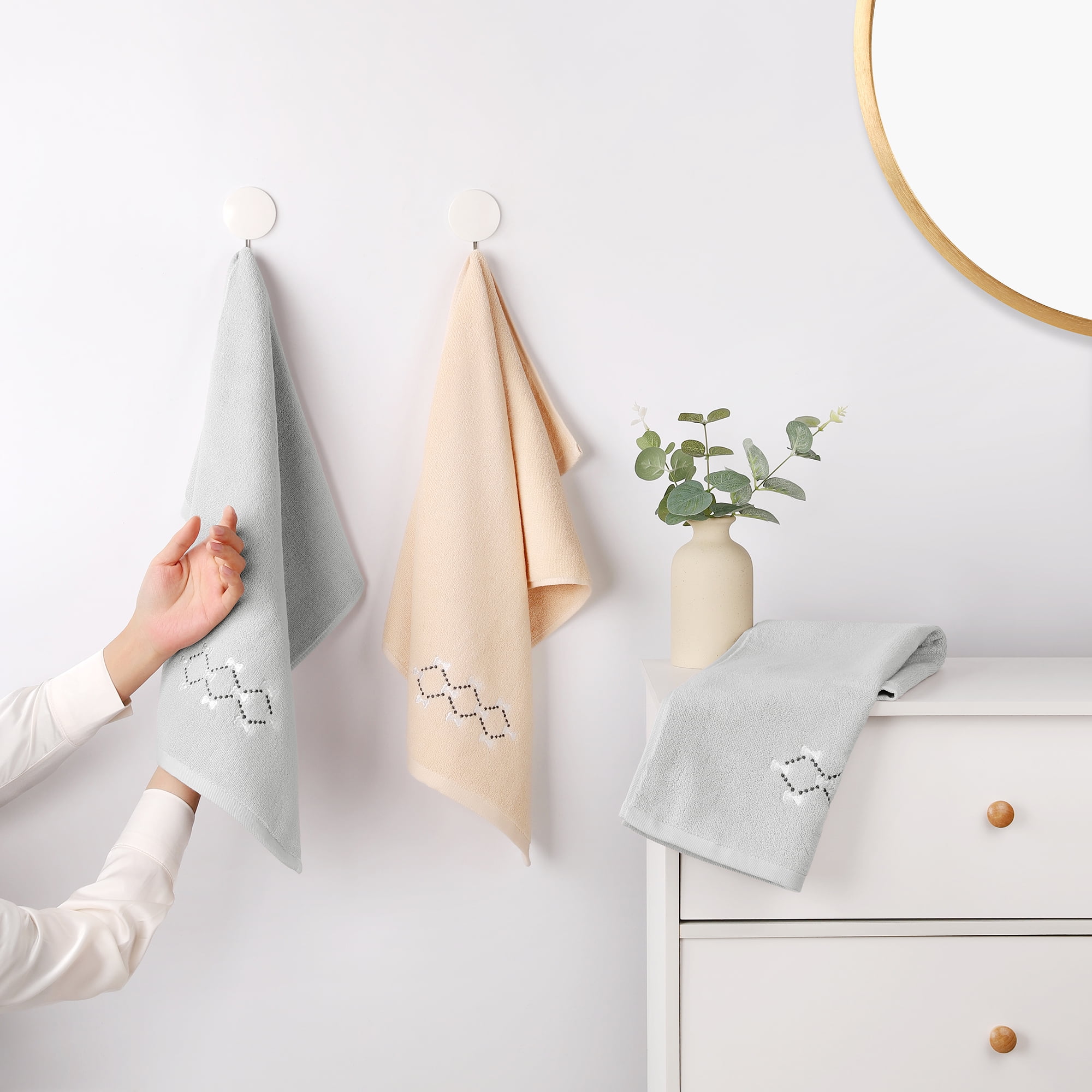 REGALWOVEN Hand Towels Embroidered Bow Pattern Decorative Towel Cotton Absorbent Soft Hand Towel Set for Bathroom Pink 4-Piece