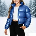 thumbnail image 2 of Girls Puffer Coat Bright Solid Color Warm Cropped Down Jacket No Hood Long Sleeve Stand Collar Zip Up Outerwear (2-3 Years, Blue), 2 of 6