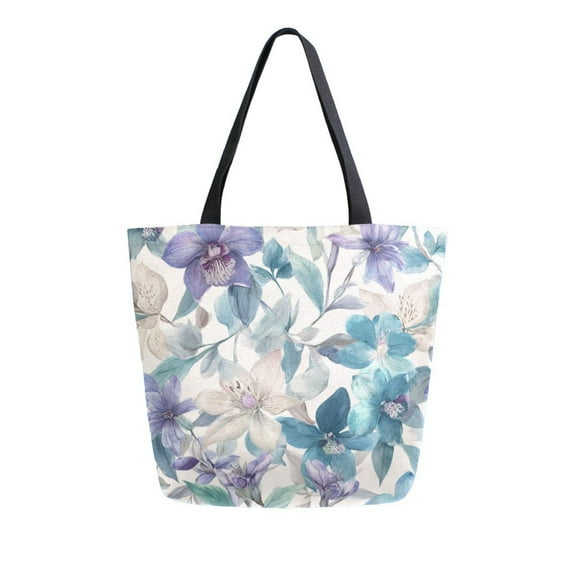 Open Top Canvas Tote Bag with Zipper Reusable Shopping Bag 13.5x15" Roomy Carryall Watercolor Orchids and Lilies