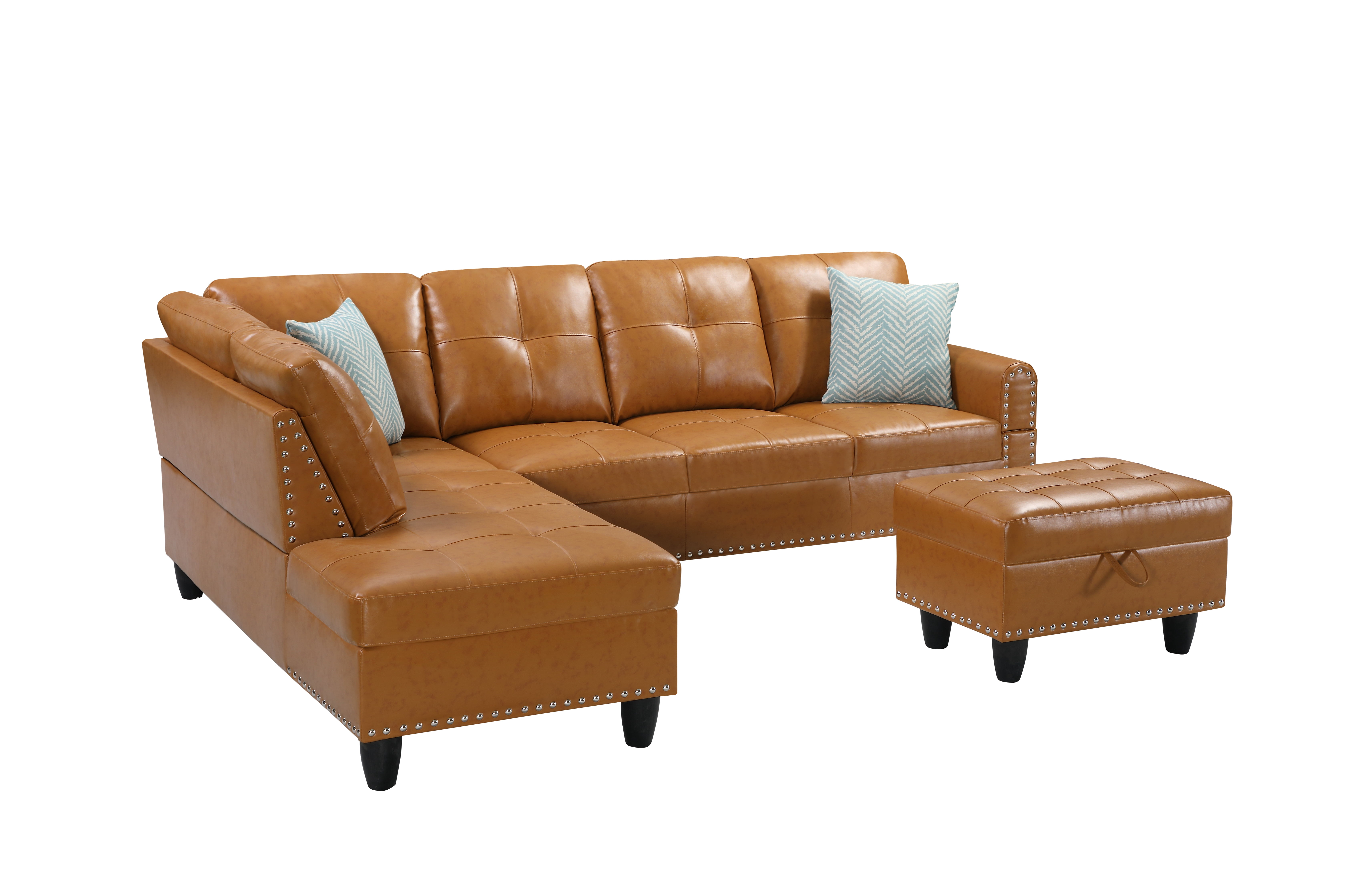 Gewnee 3-Piece L-Shaped Sectional Sofa with Chaise, Storage Ottoman, Cup Holders, 4-Seat, Faux Leather,Black