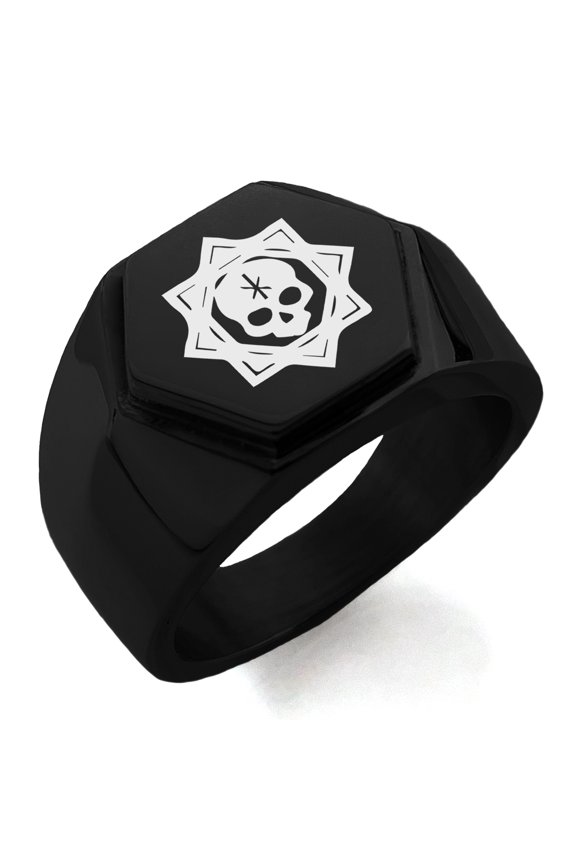 Stainless Steel Necromancy Magic Rune Engraved Hexagon Crest Flat Top Biker Style Polished Ring