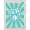thumbnail image 1 of Hello World Tapestry, Pattern of Retro Sun Ray and Dotted Background Calligraphy, Wall Hanging for Bedroom Living Room Dorm Decor, 60W X 80L Inches, Cadet Blue Pale Blue and White, by Ambesonne, 1 of 2