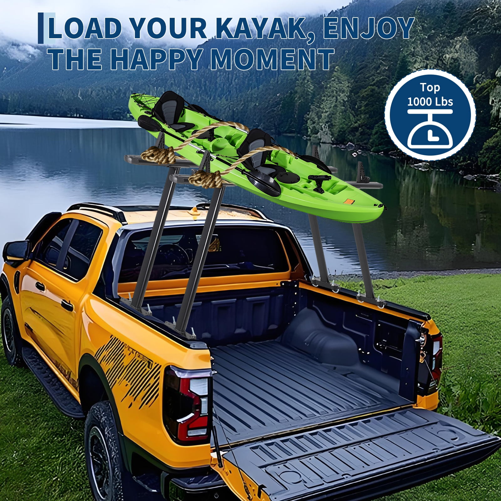 Heavy Duty Adjustable Aluminum Truck Ladder Rack for Pickup Bed – 1000 lbs Capacity, 35-71 Inch, Global No-Drill Fit, 8 J-Bolts, Iron Legs – Fits Kayaks, Ladders, Surfboards, Contractor – Black