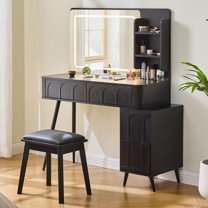 AENKYO Vanity Table Set with LED Lighted Mirror, 4 Drawers, Makeup Table with Movable Side Cabinet & Stool, Black