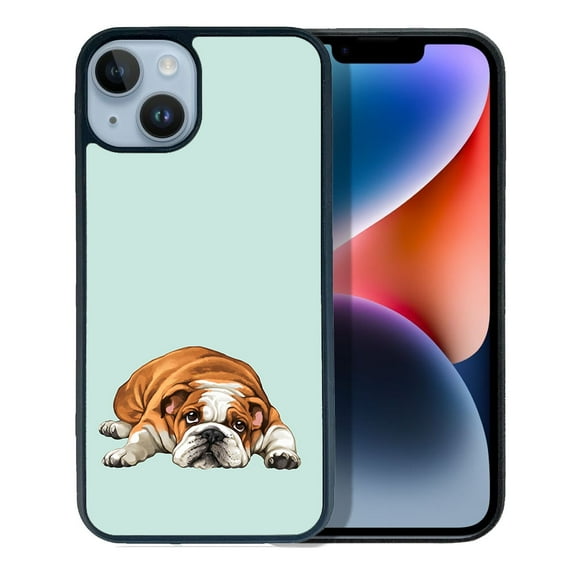 WIRESTER Shockproof Soft Rubber Cover Case for Apple iPhone 14 6.1" 2022, English Bulldog Dog Lying Down Looking Up On Aero Blue Background