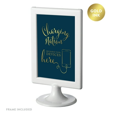 Recharge Station - Framed Party Signs, Navy Blue with Metallic Gold Ink, 4x6-inch, Charging Station Snap Chat, Instagram and Tweet Away