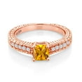 thumbnail image 2 of Gem Stone King 0.75 Ct Princess Cut Yellow Citrine White Created Sapphire 18K Rose Gold Plated Silver Ring (Size 7), 2 of 5