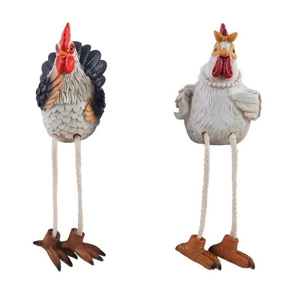 Funny Sitting Chicken Figurines – Farmhouse Rooster & Hen Statues with Dangling Legs – Rustic Tabletop Home Decor, Kitchen, Garden Ornaments (Set of 2)