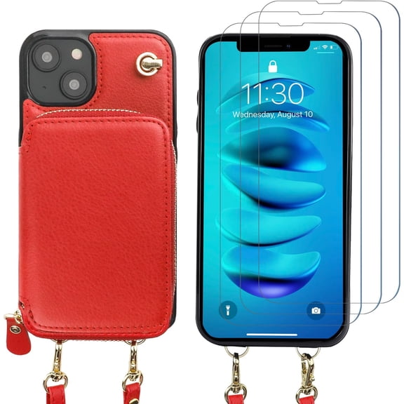 A Multi Slots Crossbody Wallet Case for iPhone 14 3 Pcs Tempered Glass Screen Protector for iPhone 13/14/13 Pro