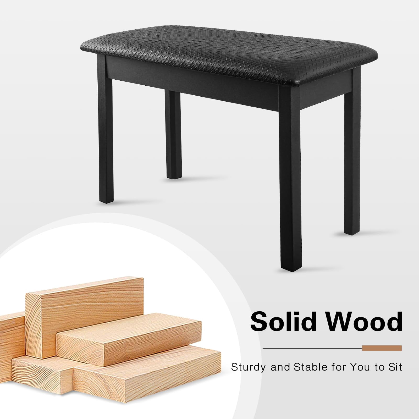 Duet Piano Bench With Storage For Music Books  Waterproof Synthetic Leather Padded Stool Oak Wood Keyboard Holds 350 Lbs Soft Cushioned Easy Assembly 29.5"x13.2"x19.5" Black