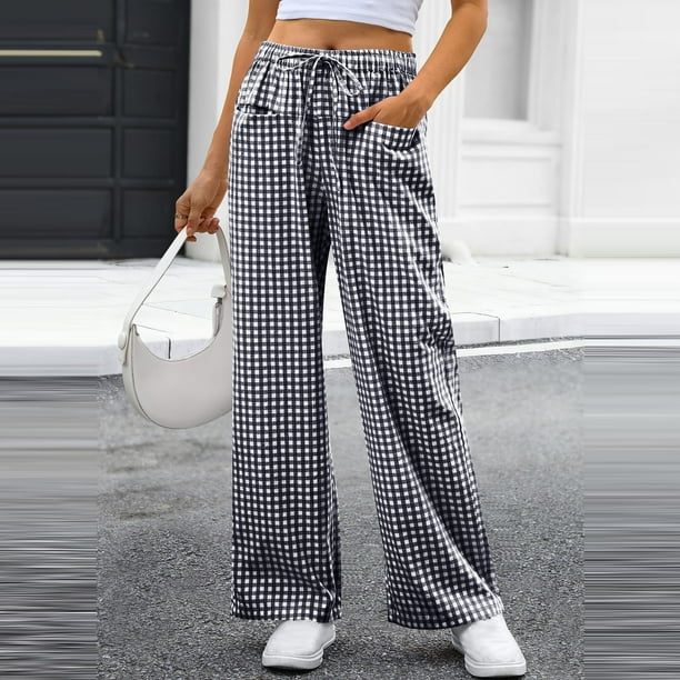 RKSTN Plaid Pajama Pants for Women Plus Size Drawstring Elastic Waist Straight Leg Checkered Print Pjs Pants Womens Casual Loose Fits Comfy Loungewear Pant Sleep Bottom Homewear Breathable Trousers