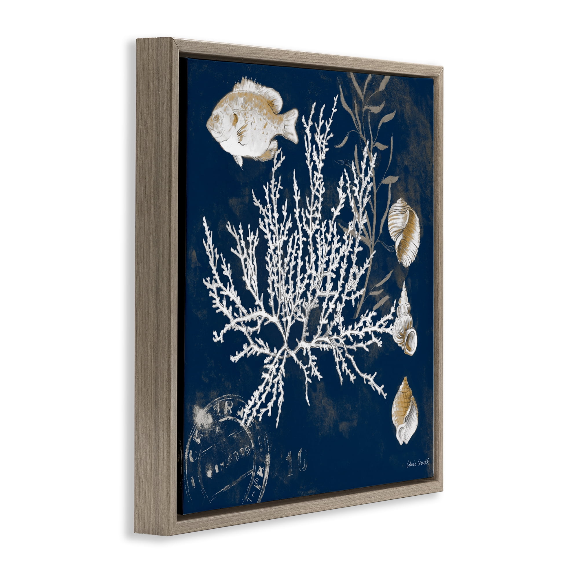 Stupell Industries Coral Medley on Blue Brown Framed Floater Canvas Wall Art, design by Lanie Loreth