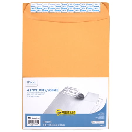 Mead Purpose Kraft Envelopes, 4.25in x 9.5in, Brown, 4 Count