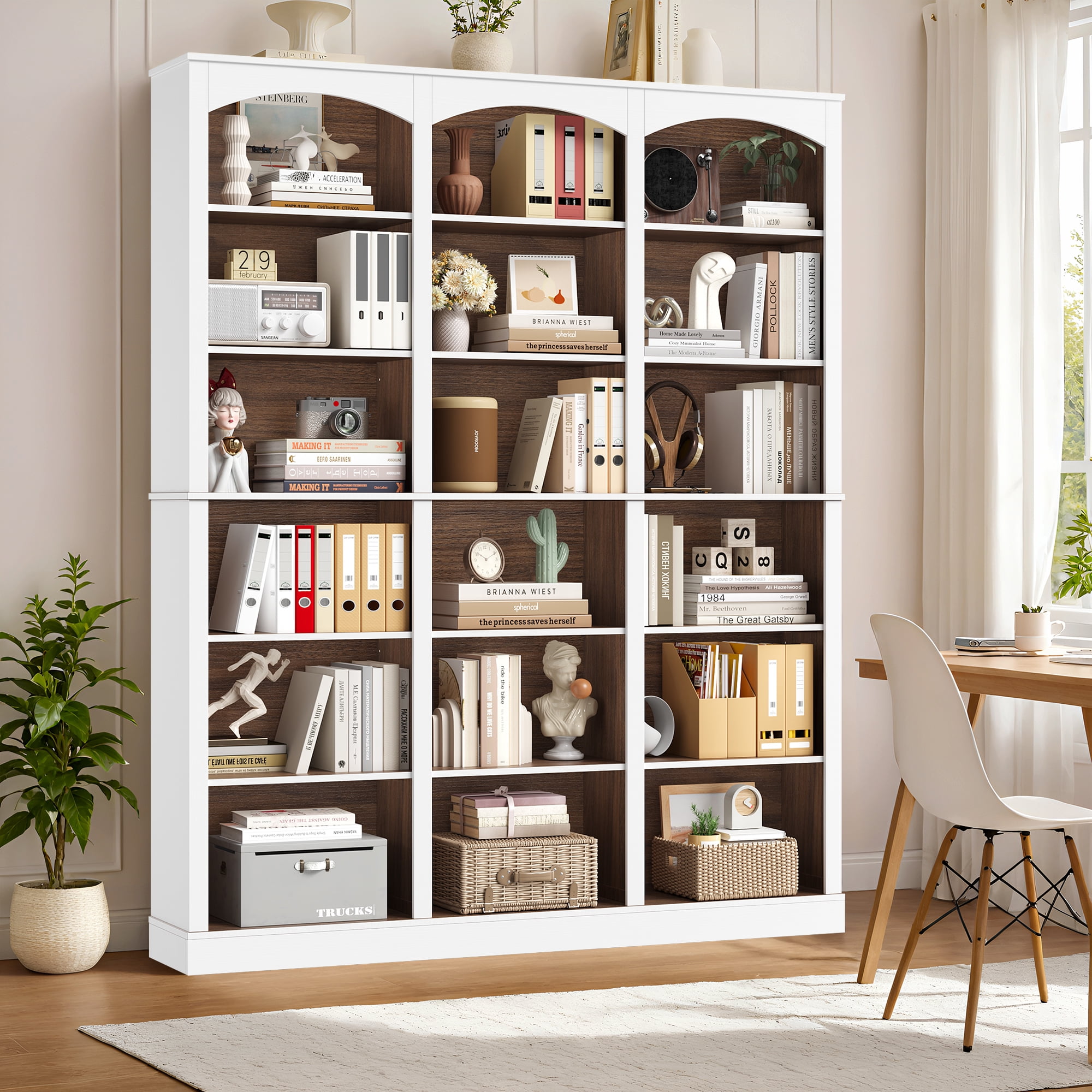 Homfa 18-Cube Bookcase and Bookshelves, 71.2" Triple Width 6 Tier Freestanding Arch Library Cabinet for Home Office Living Room, White Bark Texture & Walnut