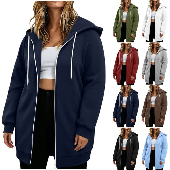 Chiccall Plus Size Longline Full Zip Hoodie Cardigan Drawstring Hood Oversized Long Sleeve Solid Loose Mid Length Casual Sweat Jacket for Women