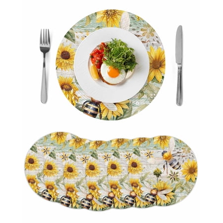 Sunflower Bee Round 13 Inch Placemats Set of 6 Vintage Summer Botanical Farmhouse HeatResistant Non Slip Place Mats for Dining Table Wipeable Braided Kitchen Table Mats for Housewarming