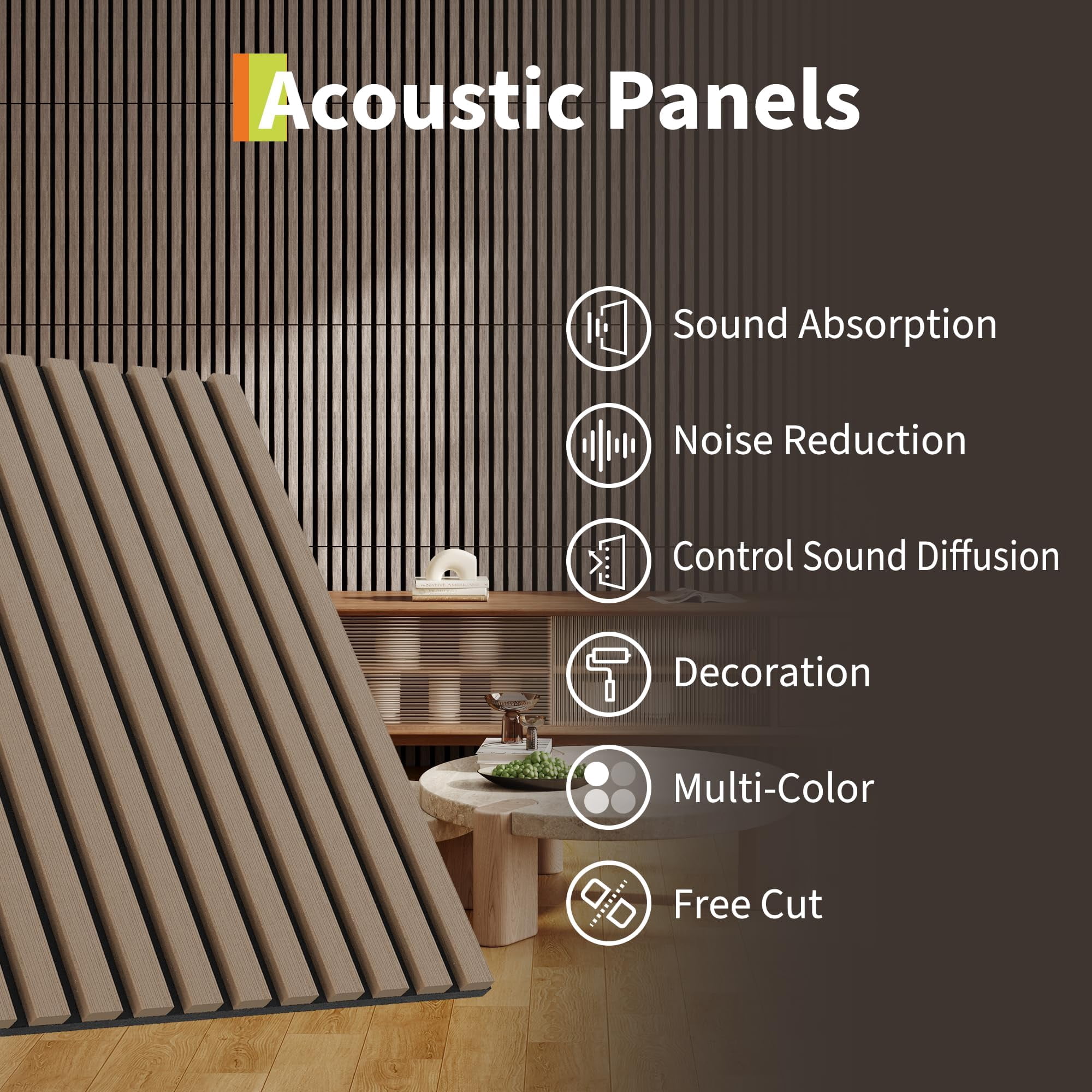 3D Wooden Wall Panels, 23.6" x 23.6" Acoustic Sound Absorbing Tiles, Easy Peel Stick Installation, Modern Slat Wall Panels for Home Theater, Office, Studio, Bedroom, Living Room