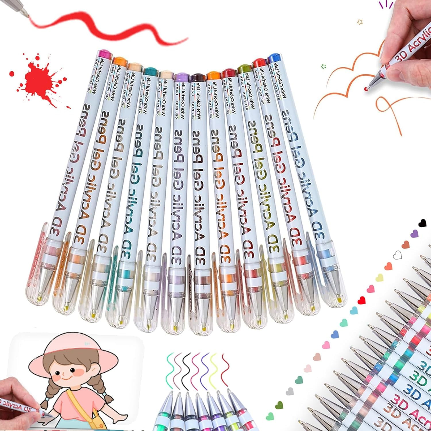 3D Acrylic Gel Pens, 12/24 Colors 3D Acrylic Pen 1.0 mm, Quick Dry Gel Pens Acrylic Markers Write Colorful Life for Coloring Books Painting (24 Colors)