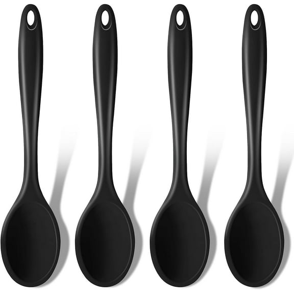 Silicone Cooking Spoons, 4 Pieces 11" Heat Resistant Silicone Kitchen Utensils Set Large Serving Stirring Spoons for Non Stick Cooking, Mixing, Basting, Baking, Black