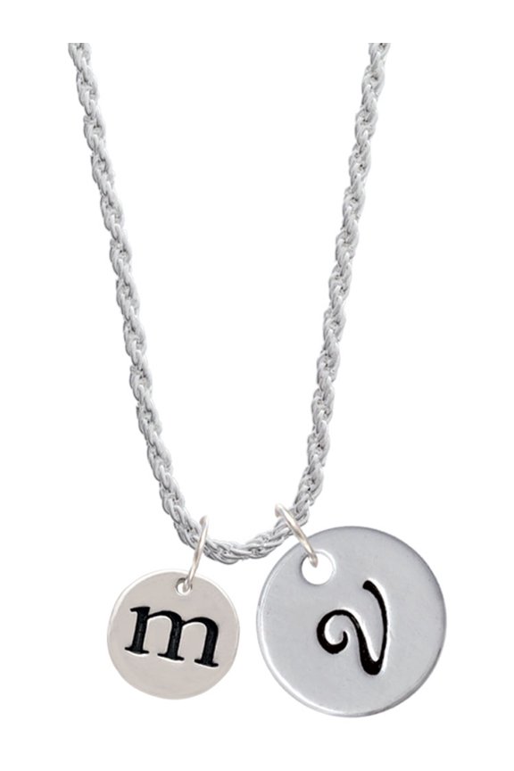 Silvertone Disc 1/2'' Initial - m - Silvertone Script Initial Disc - V - Charm Necklace, 20"+3"