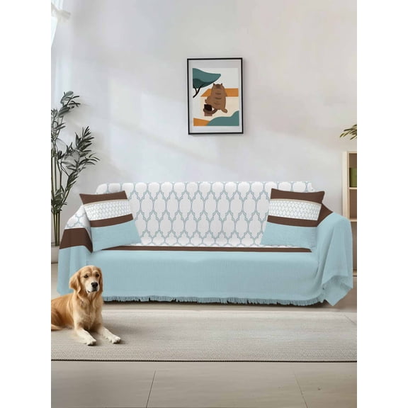 Blue Brown Morocco Couch Cover Sofa Covers 3 Cushion Sectional Couch, Geometric Stripes Aqua Stitching Washable Sofa Covers Slipcover Sectional Sofa Cover, Furniture Protector 71"x150"