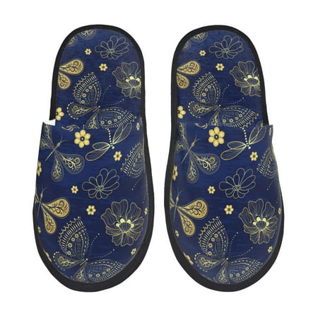 Balery Vintage Golden Butterfly Slient Indoor Furry Fleece Comfort House Shoes Soft Non-Slip Home Shoes Cotton slippers House Slippers-- Medium