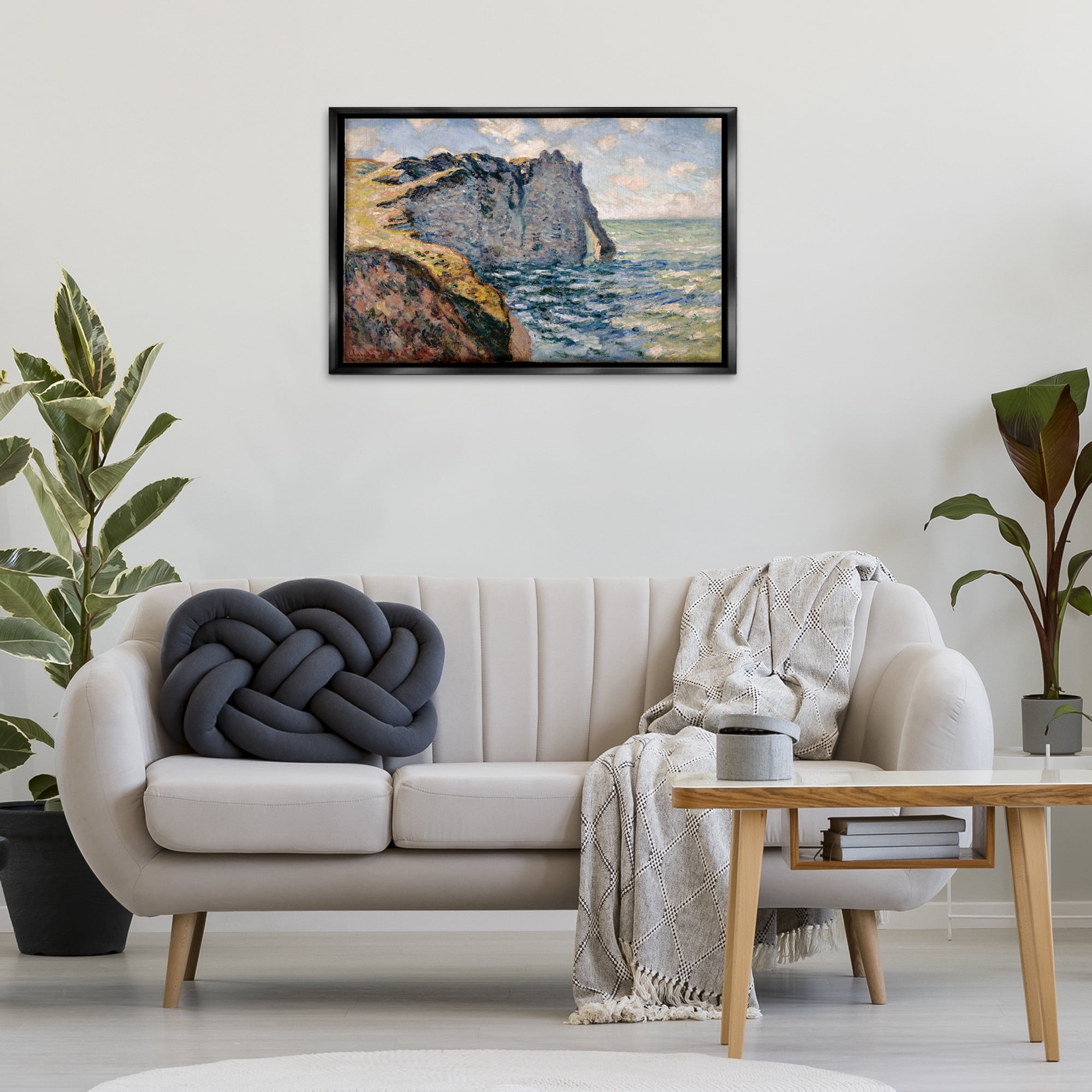Stupell Industries Classic Monet Cliff Of Aval Landscape & Nature Painting Black Floater Framed Canvas Art Print Wall Art, 31 x 21