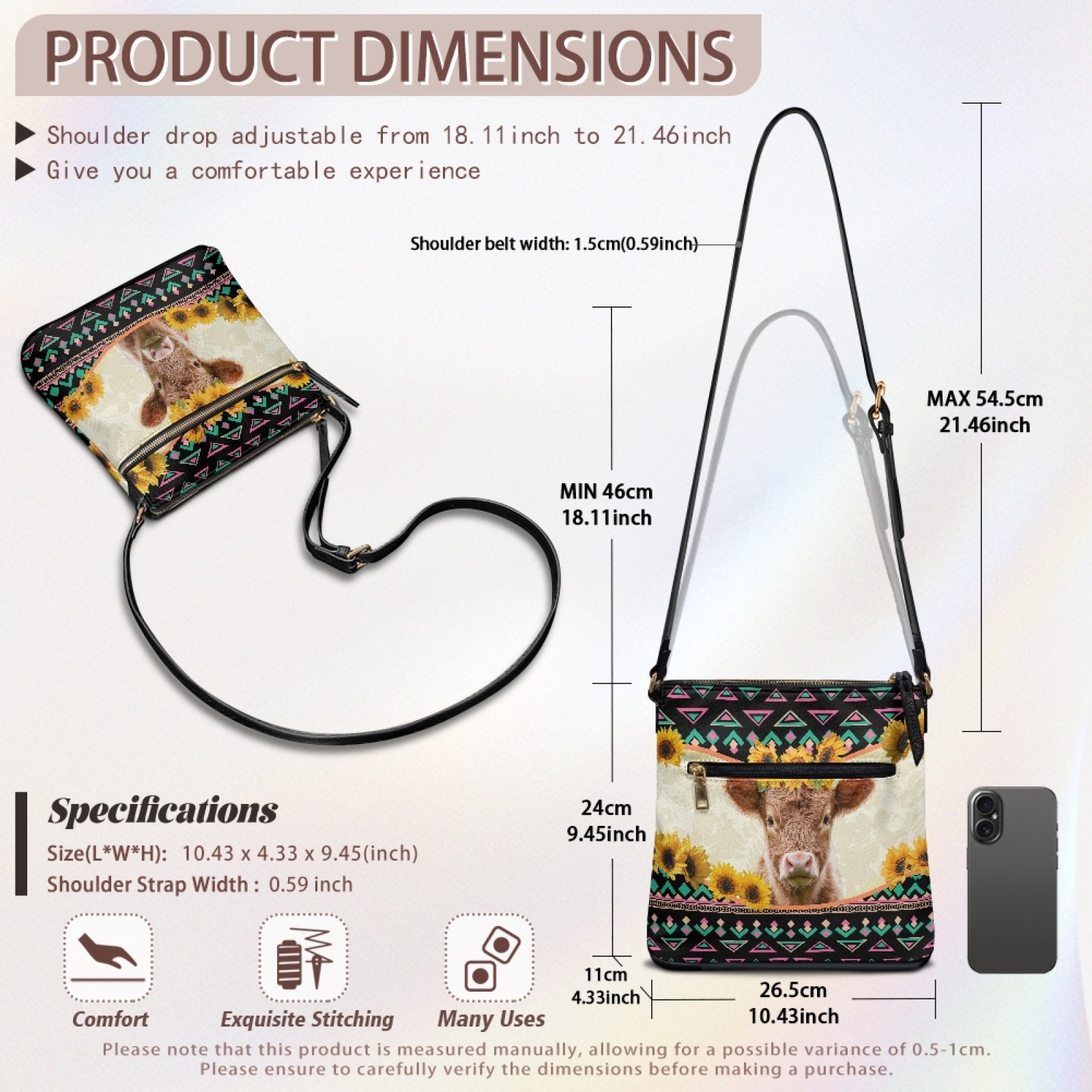 LedBack Cow Print Leather Crossbody Satchel Purse Hobo Bag for Women, Sling Zipper Shoulder Purse Messenger Bag with Adjustable Strap and Zipper Pocket, Black