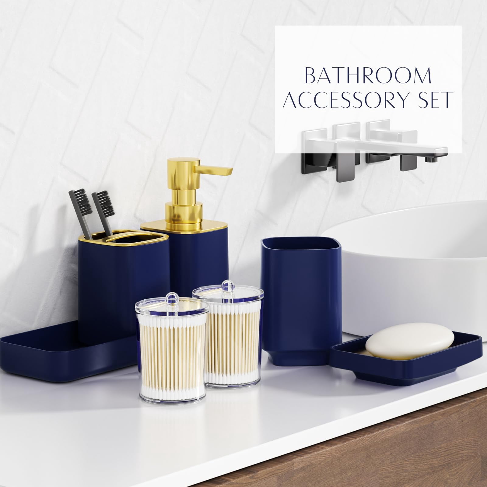 17PCS Bathroom Accessories Bathroom Set Black Bathroom Accessories,Toilet Brush, Trash Can, Qtip Holder Dispenser& 3PCS Soap Dispenser